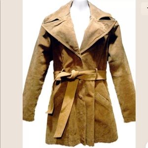 Jennifer J. Suede Leather Trench Jacket Coat Tan